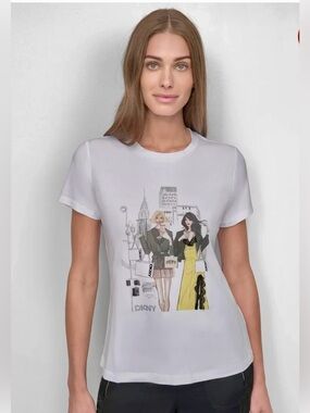 DKNY White Short-Sleeve Graphic Tee with Yellow Accent